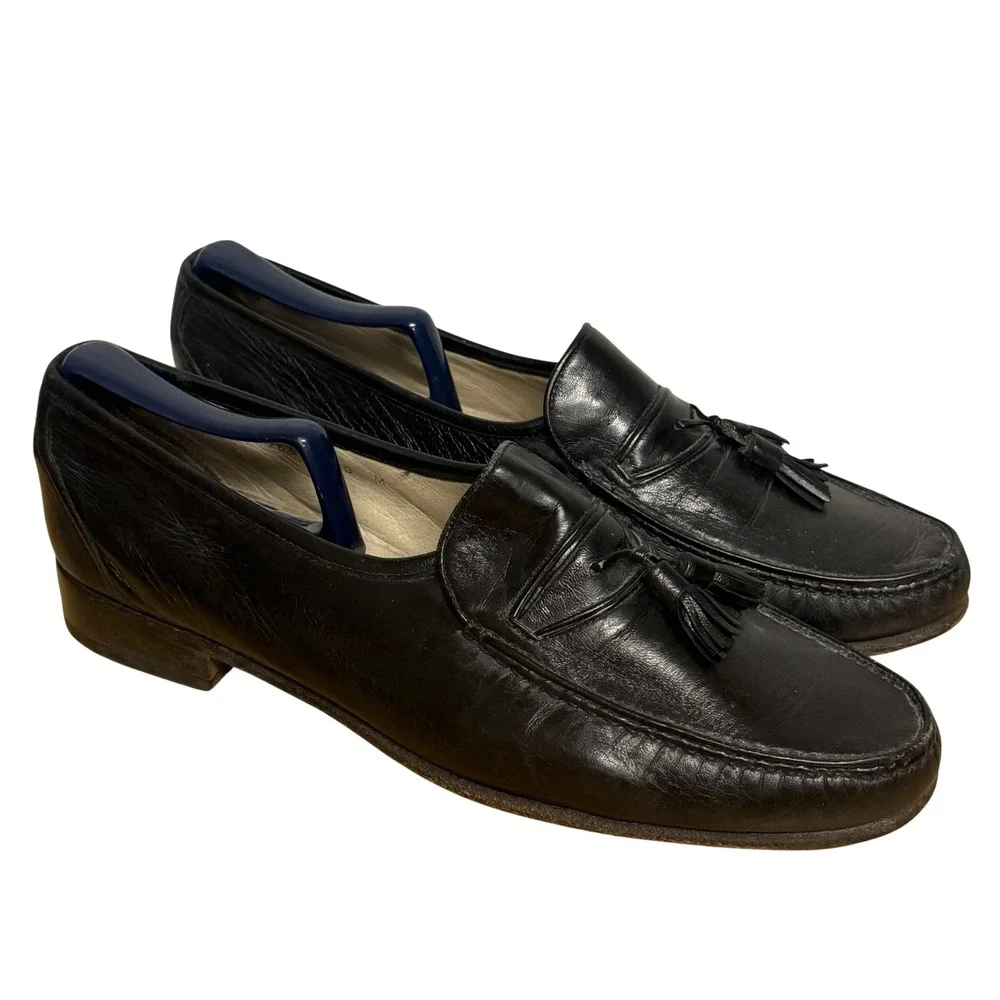 Johnston & Murphy Black Leather Tassel Loafers Size 10M Moc Toe Slip On Shoes